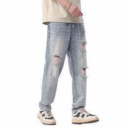 fi Vintage Ripped Jeans Men's Wed Distred Raw Edge Hole Pants Baggy Straight Casual Male Clothes Trousers Q8iS#