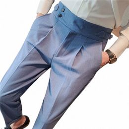 british Style Fall New High Waist Dr Pants Men Belt Design Stripes Slim Suit Pants Formal Wedding Social Party Male Trousers 17n3#