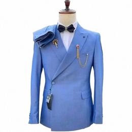 men Suit 2024 Single Breasted Spring Jacket Pants Peaked Lapel Elegant Blue Tuxedo For Wedding Groomsmen Slim Fit Costume Homme V6jT#