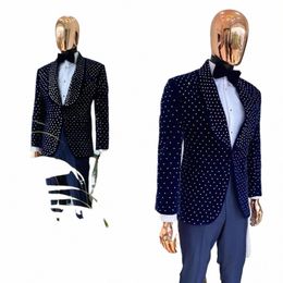 luxury Men Suits Tailor-Made 2 Pieces Dark Veet Blazer Pearls Black Pants One Butt Sheer Lapel Wedding Plus Size Tailored b7nm#