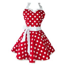 Lovely Sweetheart Red Retro Kitchen Aprons Woman Girl Cotton Polka Dot Cooking Salon Vintage Apron Dress Christmas Y200103244N