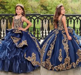 Dark Blue Little Girl's Pageant Dresses With Gold Lace Appliqued Puffy Tiered Ruffles Princess Ball Gown For Wedding Birthday Kids Todder Formal Party Dress CL3421