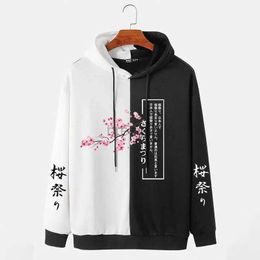 Men's Hoodies Sweatshirts CharmkpR 2023 Japanese Style Fashion Mens Cherry Blossoms Print Sweatshirts Casual Two Tone Patchwork Drawstring Hoodies S-2XL 24328