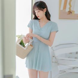 Suits Short Sleeve One Piece Swimsuit Women Plaid Skirt Swimwear Drawstring Sexy Swimdress Slimming Korean Style Bathing Suit Female