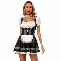 womens German Bavarian Oktoberfest Beer Maid Apr Cosplay Dr Glossy PU Leather Lace Trim A-Line Dr with Elastic Choker X9ty#