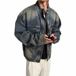 autumn Blue Retro Big Pocket Stand Collar Denim Jacket Men's Casual Loose Zipper Jackets Men Tops Overcoat Male Clothes N0T5#