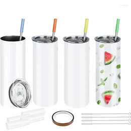 Mugs Sublimation Tumblers 20 Oz Straight Stainless Steel Blank Skinny Tumbler With Lid And Metal Straw - White 4 Pack