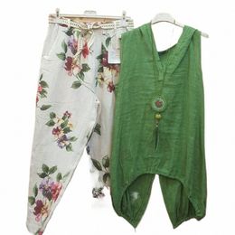 2 Pcs Women Tops Pants Set Solid Colour V Neck Casual Sleevel Hooded Vest Top Floral Pattern Trousers Set Daily Clothes 53sW#