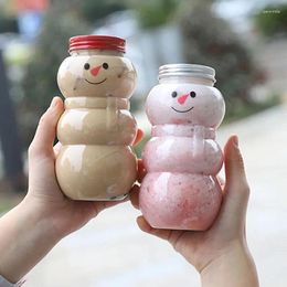 Storage Bottles 2pcs Christmas Snowman Milk Tea Cold Drink Cup Juice Drinking Plastic Candy Can Party Gift Wrapping Bottle