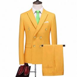 2023 Fi New Men's Busin Double Breasted Solid Color Suit Coat / Male Slim Wedding 2 Pieces Blazers Jacket Pants Trousers 74Kx#