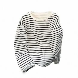 spring Autumn Lg Sleeve T-Shirt Men Korean Clothes White Black Casual O Neck Stylish Striped Harajuku All Match Loose Tees Top P2pZ#