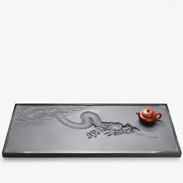 Teaware Sets Handmade Tea Tray Weighted Large Table For Kungfu Set Black Stone Dragon Hand Carved Embossed Artwork 80 35 3cm