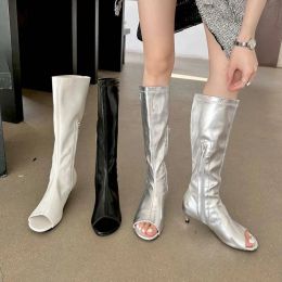 Boots Open Toe Women Knee High Boots Sock Booties Thin High Heels Side Zipper Black White Silver Summer Party Pumps Sandals Shoes 39