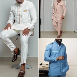 Kaftan Mens Kaunda Suit Round Neck Long-sleeved Top Pant African Male Traditional Outfit Wear 2PCS Clothing Wedding Sets Casual 240313