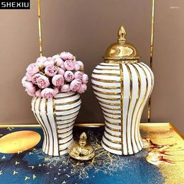 Storage Bottles Golden Geometric Stripe Ceramic Jar Gold-plated Floral Vase Flower Arrangement Desktop Jewellery Cosmetic Container