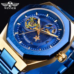 New Winner Men's Octagonal Fully Automatic with Hollow Five Pointed Star Mechanical Watch and Transparent Steel Band