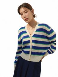 dushu V-neck Knitted Sweater Women Early Autumn New Design Wear Casual Lazy Striped Tops Vintage Casual Female Cardigan d0Cv#