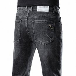 2024 Classic Men's Busin Straight Leg Jeans Elastic Fi Casual Wed Denim Pants Spring Autumn Trousers Black Grey Blue P5H1#