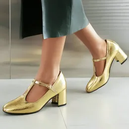 Dress Shoes Shiny Golden Silver Color Round Toe T-strap For Women Big Size Spring Chunky High Heels Pumps Lady Mary Janes