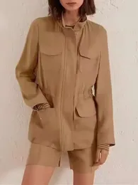 Women's Jackets Women Linen Coat Zipper Pockets Outdoor Breathable Casual 2024 Fall Stand Collar Jacket