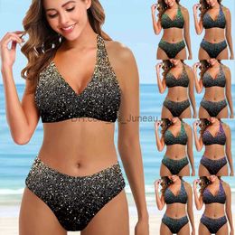 Women's Swimwear Womens Low Waist Bikini Set Sexy V-Neck Two Piece Swimsuit Printed Glitter Sequin Pattern Beach Swimwear S-5XL T240328