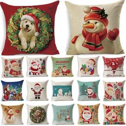 Pillow Decor For Home Christmas Cover Happy Santa Claus Dog Cotton Linen Sofa Decorative Case Pillowcover 40511-1
