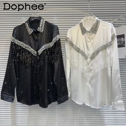 Women's Blouses Catwalk Performance Heavy Industry Rhinestone Beaded Tassel Satin Shirts And For Women Buttons Blusas Top Spring