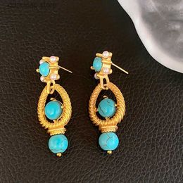 Charm Vintage Drop Earrings Hollow Round Turquoise Pearl Earrings for Women Luxury High Quality Dainty Jewellery Date Nights Y240328