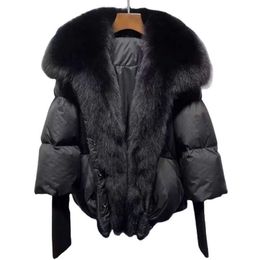 Winter New Oversize Real Fox Fur Collar Trim Black Down Coat Women Plus Outerwear Puffer Jackets