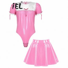 mens Maid Costume Set Sissy Crossdrer Cosplay Party Outfits Patent Leather Puff Sleeve Bodysuit Leotard with Flared Skirt O8xJ#