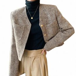 lucyever Khaki Short Women Jacket Autumn 2023 England Style Simple Tweed Coat Woman Korean Chic Single-Breasted O-Neck Outerwear G39C#