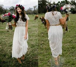 Romantic Two Piece Wedding Dress With Sleeves Lace Boho Round Neck Ankle Length Bohemian Hippie Short Bride Dress For Women 20198378387