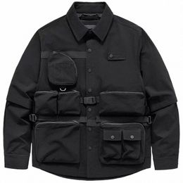techwear Cargo Shirt Jacket Men Spring Autumn Lg Sleeve Shirts Jackets Patchwork Pocket Shirt Streetwear Male C8GX#