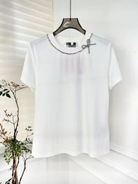 Free Shipping 2024 Black/ White /Pink O Neck Short Sleeves Beadings Women T Shirts Designer Short Women Tops 32813