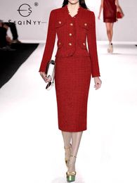 Work Dresses SEQINYY Red Slim Suit Spring Autumn Fashion Design Women Runway Golden Buttons Weaved Tassel Jacket Skirt Office Lady
