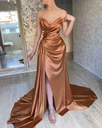 Brown Plus Size Mermaid Prom Dresses Long for Women Sweetheart High Side Split Draped Pleats Court Train Formal Wear Evening Birthday Pageant Gowns