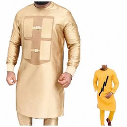 2024 Men's Elegant Lg Sleeve Suit Shirt Pants 2-piece Round Neck Stitching Solid Colour Party Lg Sleeve African Ethnic Style b7GO#