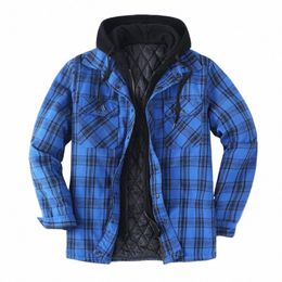 men Fall Winter Jacket Plaid Print Hooded Drawstring Pockets Zipper Closure Loose Thickened Fake Two-piece Casual Coat T1bm#