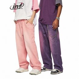 inflation Pink Wide Leg Jeans Unisex High Street Wed Denim Pants Mens Baggy Trousers Plus Size B3Ac#