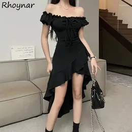 Party Dresses Black Midi Dress Women Irregular Slash Neck Backless Streetwear Temper Vestidos Sexy European Trendy Summer Clothes Lady