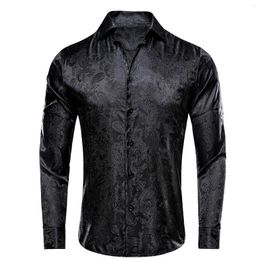 Men's Dress Shirts Black Silk Mens Classic Jacquard Pink Green Blue White Spring Autumn Long Sleeve Lapel Shirt Wedding Business Gift Hi-Tie