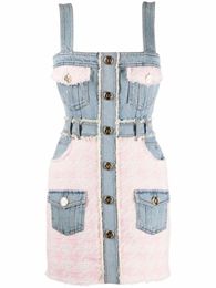 HIGH STREET est Designer Fashion Women Spaghetti Strap Denim Tweed Houndstooth Pachwork Fringed Dress 240321