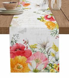 Table Cloth Spring Tulip Flowers Leaves Linen Runners Dresser Scarf Decor Reusable Kitchen Wedding Decorations
