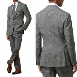 gray Men's Suits Tailored 2 Pieces Blazer Pants Single Breaste Peaked Lapel Plaid Stripes Wedding Formal Custom Made Plus Size 83T8#