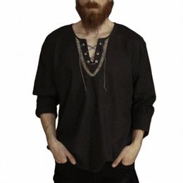 new Men's Fi Hippie Cott Linen Shirt Retro Casual Lg Sleeve V-neck Loose Tops Man Solid Lace Up Medieval Costume Blouse 80HK#