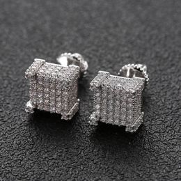 Fashion Hip Hop Earrings for Men Gold Silver Iced Out CZ Square Stud Earring With Screw Back Jewelry272Y