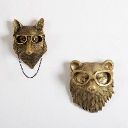 Sculptures Antique Bronze Resin Animal Pendant Craft Bear Deer Fox Head Wall Hanging Figurines Decor Background Wall Accessories Decorative