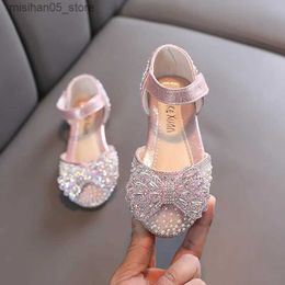 Sandals Little Girl Sequin Sandals Summer New Rhinestone Bow Princess Sandals Fashionable Shiny Childrens Wedding Soft Flat Sandals Size 21-36 Q240328