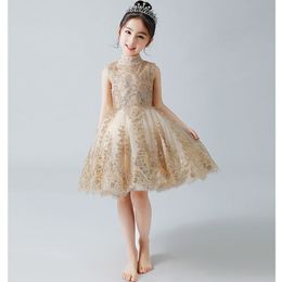 Sparkly Gold Sequined Flower Girls Dresses For Weddings Beaded Short Toddler Pageant Gowns High Neck Knee Length Tulle Kids Prom D2384