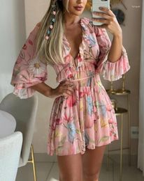 Casual Dresses Sweet Spicy Girl Plunge Floral Print Ruffle Hem Tied Detail Vacation A Line Dress Fashion Women's Sexy Mini